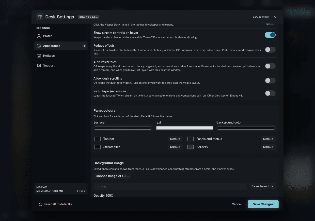 Settings open on the Appearance tab.