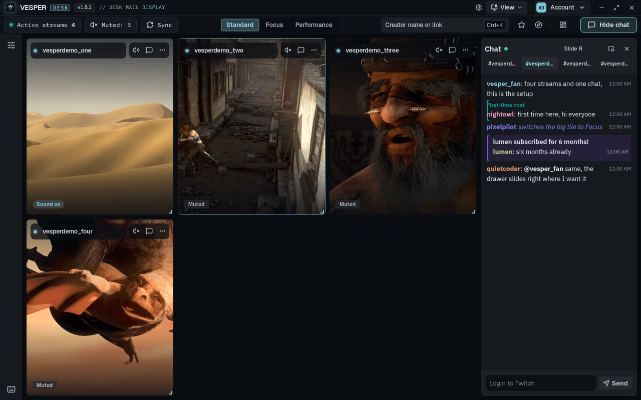 The chat drawer open beside the stream grid.