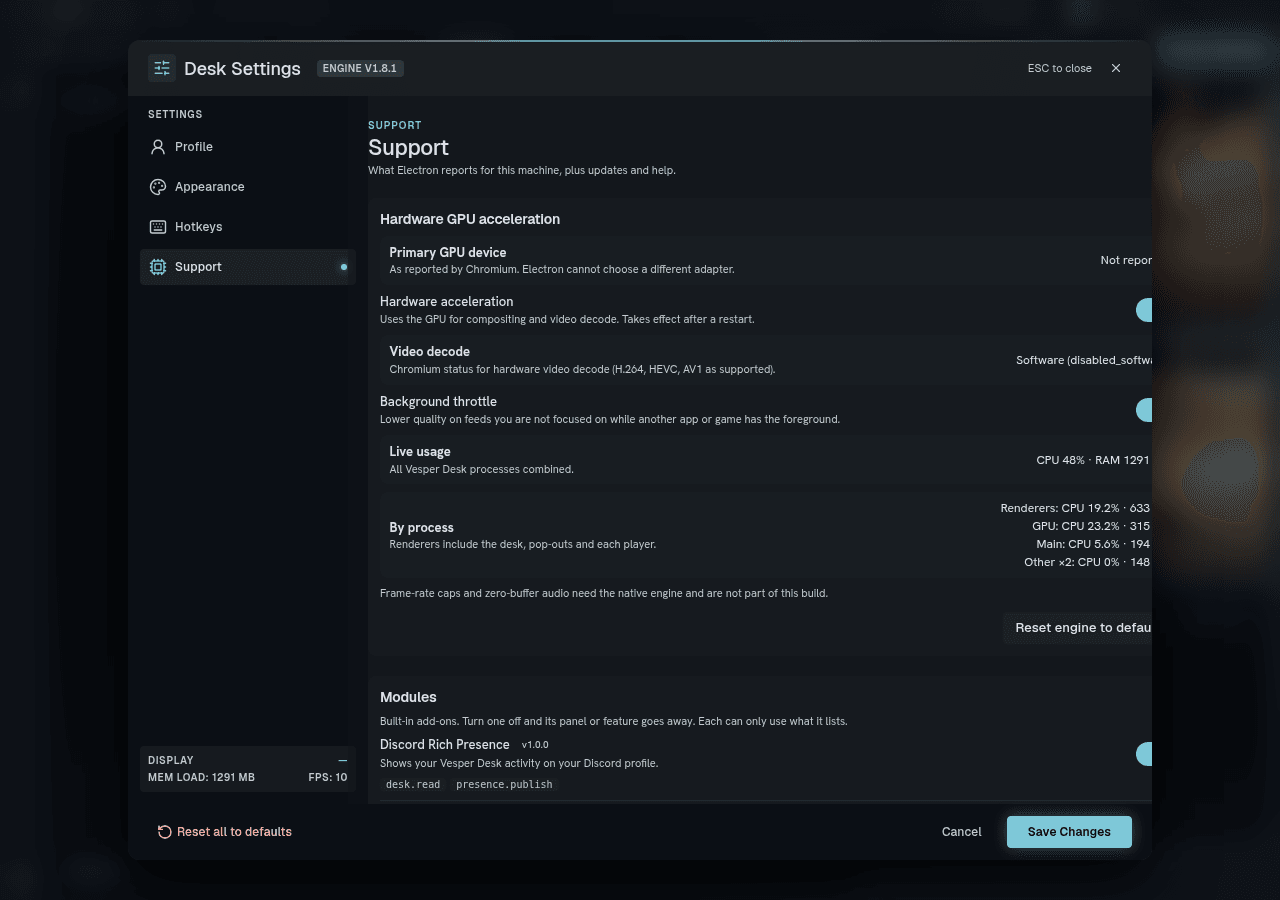 Settings open on the Support tab.